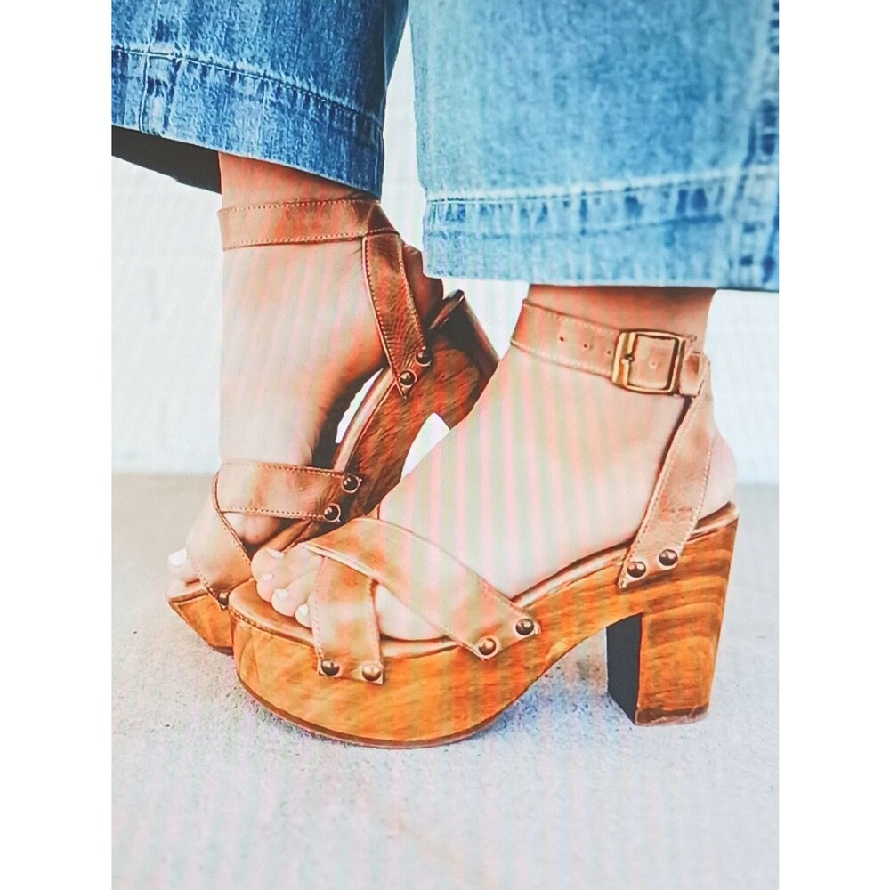 Bed Stu Kalah Chunky Wood Platform Sandal Brown Distressed Leather Studs 7.5M